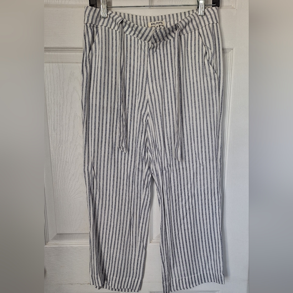 Rag Poets Blue And White Striped Cropped Pants Tie Waist